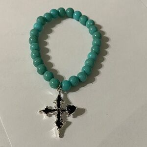 Turquoise Beaded Bracelet with Silver Cross Charm